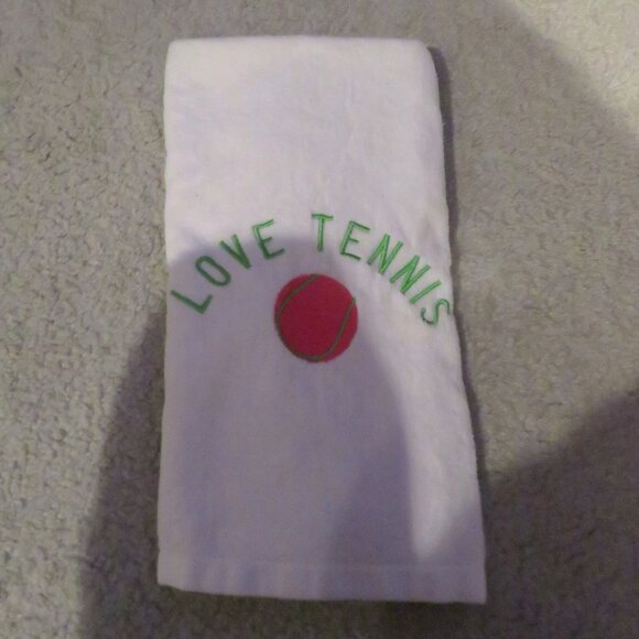 White Tennis Towel "Love Tennis" Logo & Tennis Ball Pic - abt. 26" L x 16' W - Picture 8 of 8